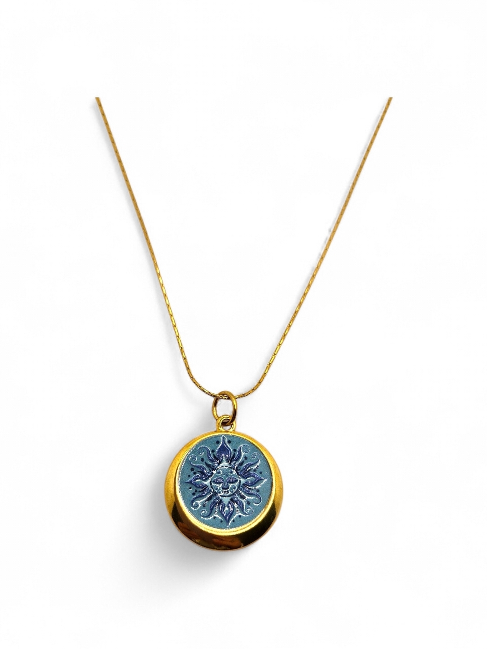 Gold Pendant Necklace with Blue Sunburst Enamel